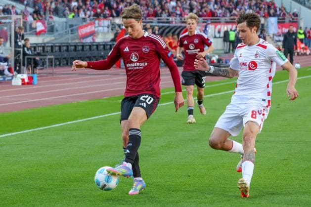 Caspar Jander 20 1FC Nuernberg and Denis Huseinbasic 8 1 FC Koeln , 1 FC Nuernberg vs 1 FC Koeln Football, 2 Bundesliga, DFL, Saison 2024 2025, Rueckrunde, 33 Spieltag, 09 05 2025 DFB regulations prohibit any use of photographs as image sequences and or quasi video Copyright: xkolbert-press MartinxAgüerax