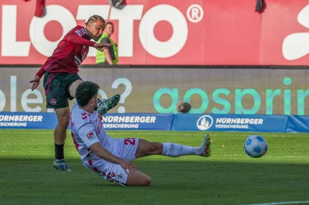 Rafael Lubach 18 1FC Nuernberg shoots on goal, 1 FC Nuernberg vs 1 FC Koeln Football, 2 Bundesliga, DFL, Saison 2024 2025, Rueckrunde, 33 Spieltag, 09 05 2025 DFB regulations prohibit any use of photographs as image sequences and or quasi video Copyright: xkolbert-press MartinxAgüerax