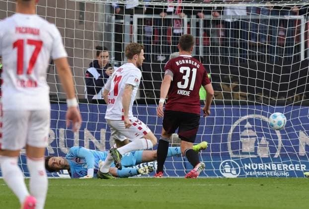 09 05 2025 Soccer Season 2024 2025 2 Soccer Bundesliga 33 Matchday 1 FC Nürnberg FCN Club 1 FC Köln Sportfoto Zink DaMa xdaxmax DFL regulations prohibit any use of photographs as image sequences and or quasi video only for editorial use Goal Goal Shot to 1 1 Goalscorer Florian Kainz 11, FC Köln vs Michal Kukucka 37, 1 FC Nürnberg FCN Robin Knoche 31, 1 FC Nürnberg FCN