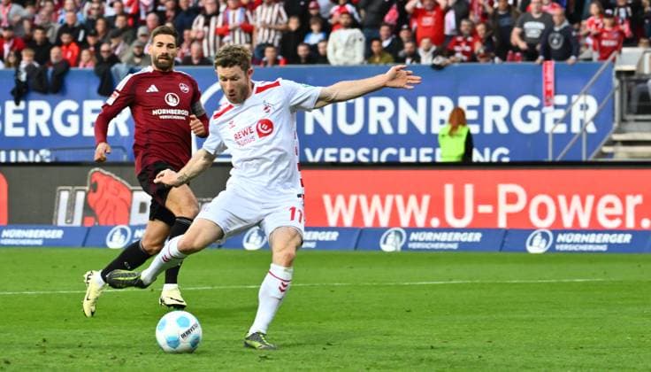 09 05 2025 Soccer Season 2024 2025 2 Soccer Bundesliga 33 Matchday 1 FC Nürnberg FCN Club 1 FC Köln Sportfoto Zink xwoxzix DFL regulations prohibit any use of photographs as image sequences and or quasi video only for editorial use Florian Kainz 11, FC Köln erzielt Treffer Tor Torschuß zum 2 1