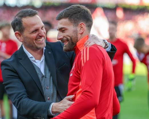 from left to right Sports Director Joti Chatzialexiou 1 FC Nuernberg honors and says goodbye to Enrico Valentini 22 1FC Nuernberg , 1 FC Nuernberg vs 1 FC Koeln Football, 2 Bundesliga, DFL, Saison 2024 2025, Rueckrunde, 33 Spieltag, 09 05 2025 DFB regulations prohibit any use of photographs as image sequences and or quasi video Copyright: xkolbert-press MartinxAgüerax
