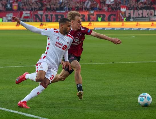 Linton Maina 37 1 FC Koeln and Tim Janisch 32 1FC Nuernberg , 1 FC Nuernberg vs 1 FC Koeln Football, 2 Bundesliga, DFL, Saison 2024 2025, Rueckrunde, 33 Spieltag, 09 05 2025 DFB regulations prohibit any use of photographs as image sequences and or quasi video Copyright: xkolbert-press MartinxAgüerax