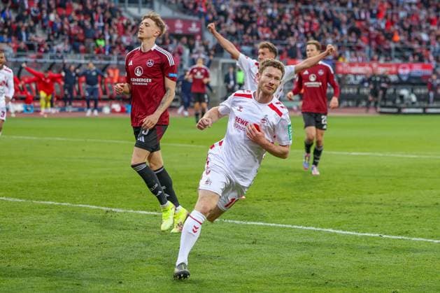 Florian Kainz 11 1 FC Koeln with the 1 2, 1 FC Nuernberg vs 1 FC Koeln Football, 2 Bundesliga, DFL, Saison 2024 2025, Rueckrunde, 33 Spieltag, 09 05 2025 DFB regulations prohibit any use of photographs as image sequences and or quasi video Copyright: xkolbert-press MartinxAgüerax