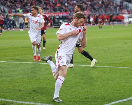 Florian Kainz 11 1 FC Koeln with the winning goal to 1 2, 1 FC Nuernberg vs 1 FC Koeln Football, 2 Bundesliga, DFL, Saison 2024 2025, Rueckrunde, 33 Spieltag, 09 05 2025 DFB regulations prohibit any use of photographs as image sequences and or quasi video Copyright: xkolbert-press MartinxAgüerax