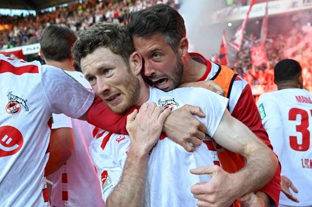 Nuernberg, Max Morlock Stadion, 09 05 25, GER, Herren, 2 Bundesliga, Saison 2024 2025, 1 FC Nuernberg 1 FC Koeln Bild Florian KAINZ Koeln jubilates after his goal for 1 1 DFL regulations prohibit any use of photographs as image sequences and or quasi video Bayern Germany