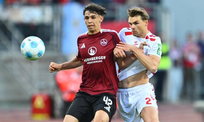 09 05 2025 Soccer Season 2024 2025 2 Soccer Bundesliga 33 Matchday 1 FC Nürnberg FCN Club 1 FC Köln Sportfoto Zink xwoxzix DFL regulations prohibit any use of photographs as image sequences and or quasi video only for editorial use Tino Kusanovic 42, 1 FC Nürnberg FCN Joel Schmied 2, FC Köln