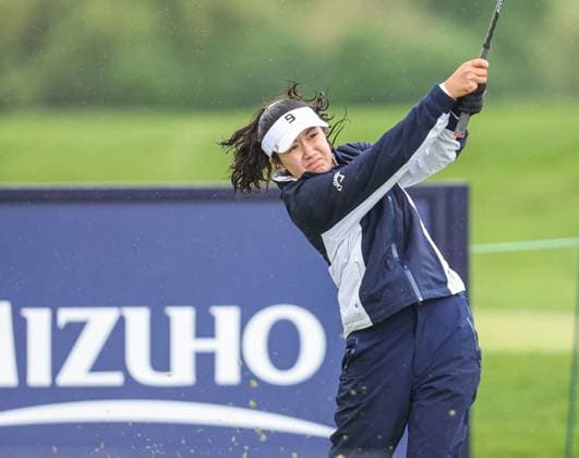 May 09, 2025: Savannah Grewal of Ontario tees off during the second round of the Mizuho Americas Open at Liberty National Golf Club in Jersey City, NJ. CSM Jersey City United States of America - ZUMAc04_ 20250509_zma_c04_007 Copyright: xMikexLangishx