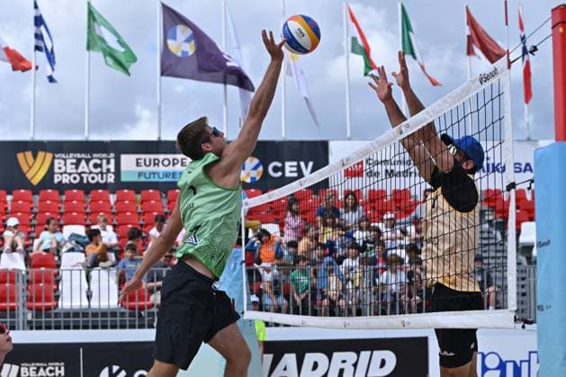 May 9, 2025, Madrid, Madrid, Spain: 1 ANTON MOISEIEV (UKR) - 1 DANIEL MORENO (ESP) competes during the World Beach ProTour Futures volleyball match between SPAIN and UKRAINE at Parque Deportivo Puerta de Hierro on May 09, 2025 in Madrid, Spain. Madrid Spain - ZUMAc312 20250509_zsp_c312_107 Copyright: xOscarxManuelxSanchezx