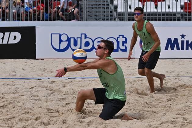 May 9, 2025, Madrid, Madrid, Spain: 1 ANTON MOISEIEV (UKR) 2 VITALII SAVVIN (UKR) competes during the World Beach ProTour Futures volleyball match between SPAIN and UKRAINE at Parque Deportivo Puerta de Hierro on May 09, 2025 in Madrid, Spain. Madrid Spain - ZUMAc312 20250509_zsp_c312_115 Copyright: xOscarxManuelxSanchezx