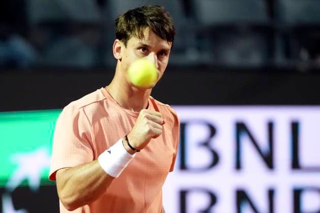 Camilo Ugo Carabelli of Argentina reacts during the match against Alexander Zverev of Germany at the Internazionali BNL d Italia 2025 tennis tournament at Foro Italico in Rome, Italy on May 9, 2025. Alexander Zverev won 6-2, 6-1. AntoniettaxBaldassarre