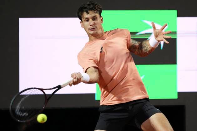 Camilo Ugo Carabelli of Argentina during the match against Alexander Zverev of Germany at the Internazionali BNL d Italia 2025 tennis tournament at Foro Italico in Rome, Italy on May 9, 2025. Alexander Zverev won 6-2, 6-1. AntoniettaxBaldassarre