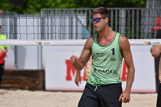 May 9, 2025, Madrid, Madrid, Spain: 1 ANTON MOISEIEV (UKR) competes during the World Beach ProTour Futures volleyball match between SPAIN and UKRAINE at Parque Deportivo Puerta de Hierro on May 09, 2025 in Madrid, Spain. Madrid Spain - ZUMAc312 20250509_zsp_c312_149 Copyright: xOscarxManuelxSanchezx
