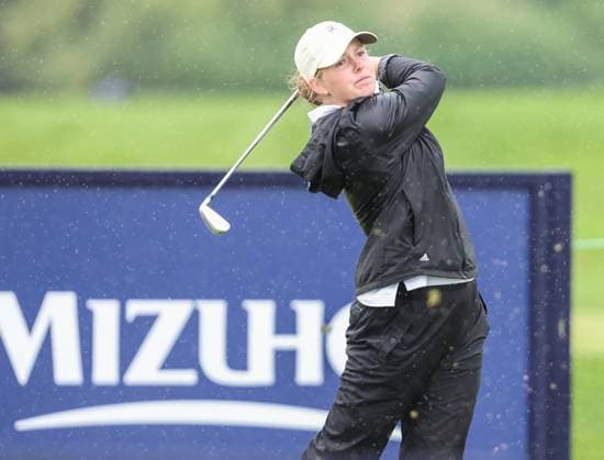 May 09, 2025: Scarlett Schremmer of Alabama watches her tee shot during the second round of the Mizuho Americas Open at Liberty National Golf Club in Jersey City, NJ. CSM Jersey City United States of America - ZUMAc04_ 20250509_zma_c04_044 Copyright: xMikexLangishx
