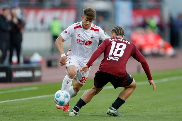 f l Jan Thielmann 1 FC Koeln, 29 and Rafael Lubach 1 FC Nuernberg, 18 , 09 05 2025, Soccer, 2 Bundesliga, 1 FC Nürnberg 1 FC Köln, GER, Nuernberg, Max Morlock Stadion, DFL REGULATIONS PROHIBIT ANY USE OF PHOTOGRAPHS AS IMAGE SEQUENCES AND OR QUASI VIDEO Copyright: HMBxMedia xHeikoxBecker
