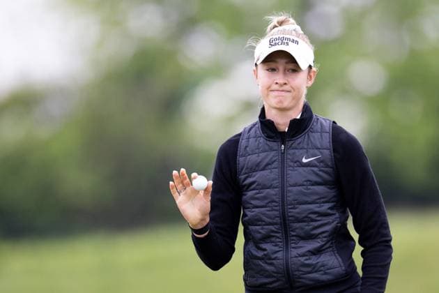 May 8, 2025, Jersey City, New Jersey, UUSA: Defending champion NELLY KORDA of the United States reacts during the second round of the Mizuho Americas Open 2025 at Liberty National Golf Club. Korda made three birdies over her last five holes for a 4-under 68 and a share of the lead Friday in the Mizuho Americas Open. Jersey City USA - ZUMAb273 20250508_zsp_b273_039 Copyright: xJordanxBankx