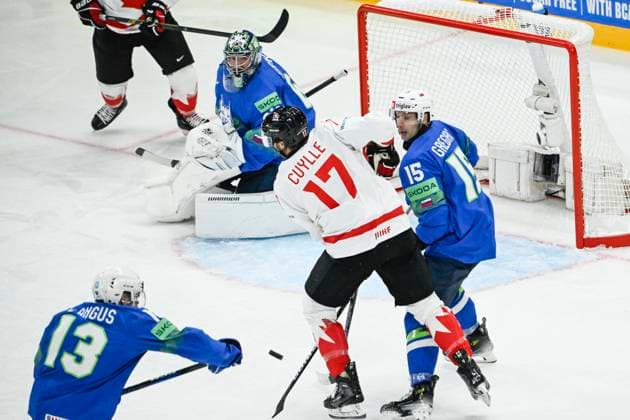 STOCKHOLM, SWEDEN 20250510 Canadas Will Cuylle 17 and slovakias Blaz Gregorc 15 in action during the IIHF Ice Hockey World Championship group A match between Slovakia and Canada at Avicii Arena in Stockholm, Sweden, on May 10, 2025 STOCKHOLM SWEDEN x10080x  Copyright: xFredrikxSandberg TTx ICE HOCKEY WC SLOVAKIA-CANADA