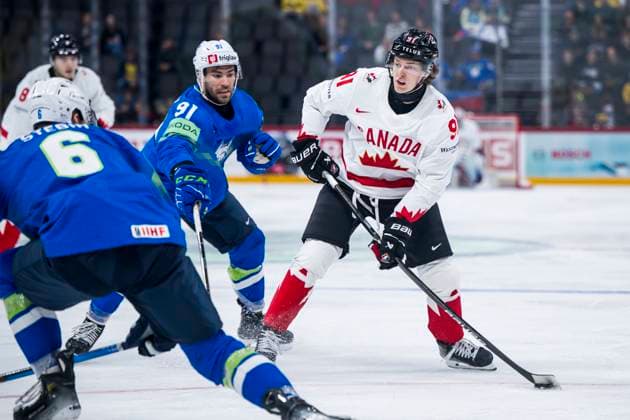 250510 Zan Jezovsek of Slovenia and Kent Johnson of Canada during the 2025 IIHF Ice Hockey World Championship group stage game between Slovenia and Canada on May 10, 2025 in Stockholm Photo Maxim Thore BILDBYRAN kod MT MT0810 ishockey ice hockey ishockey vm 2025 vm 2025 iihf world championship slovenia kanada canada bbeng gruppspel bbauto  Copyright: MAXIMxTHORE BB250510MT015