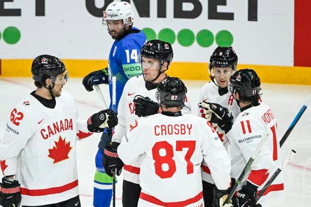 STOCKHOLM, SWEDEN 20250510 Canadas Bo Horvat 14, center celebrates with teammates after scoring the opening goal during the IIHF Ice Hockey World Championship group A match between Slovakia and Canada at Avicii Arena in Stockholm, Sweden, on May 10, 2025 STOCKHOLM SWEDEN x10080x  Copyright: xFredrikxSandberg TTx ICE HOCKEY WC SLOVAKIA-CANADA