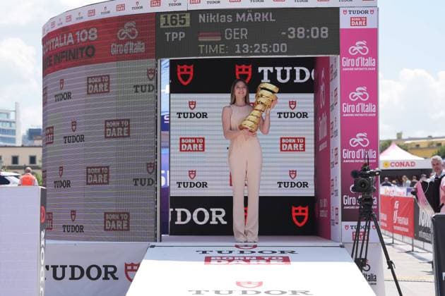 the trophy during the stage 2 of the Giro d™Italia from Tirana (Tirane) to Tirana (Tirane) Tudor ITT (Individual Time Trial) Albania - Saturday, May 10, 2025. - cycling.  Copyright: xGianxMattiaxD Alberto LaPressex