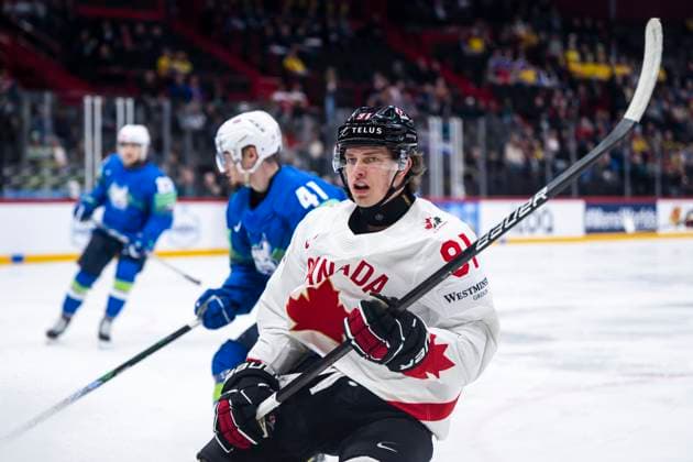 250510 Kent Johnson of Canada during the 2025 IIHF Ice Hockey World Championship group stage game between Slovenia and Canada on May 10, 2025 in Stockholm Photo Maxim ThorÃ BILDBYRAN kod MT MT0810 ishockey ice hockey ishockey vm 2025 vm 2025 iihf world championship slovenia kanada canada bbeng gruppspel  Copyright: MAXIMxTHORE BB250510MT024