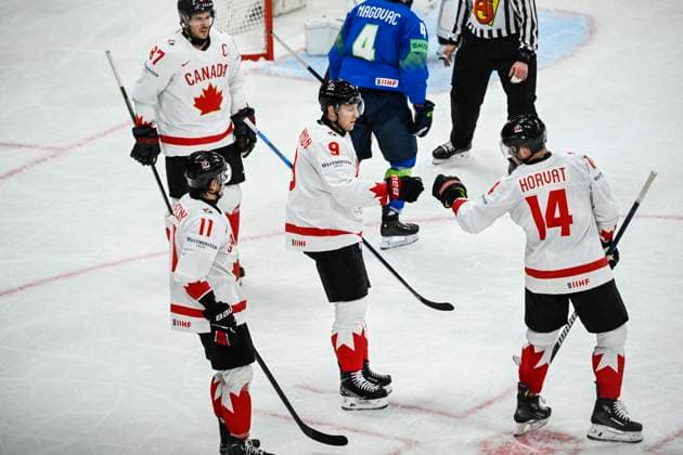 STOCKHOLM, SWEDEN 20250510 Canadas Bo Horvat 14 celebrates scoring his second goal with teammates Sidney Crosby 87 , Travis Konecny 11 and Nate MacKinnon 9 during the IIHF Ice Hockey World Championship group A match between Slovenia and Canada at Avicii Arena in Stockholm, Sweden, on May 10, 2025 STOCKHOLM SWEDEN x10080x  Copyright: xFredrikxSandberg TTx ICE HOCKEY WC SLOVENIA-CANADA