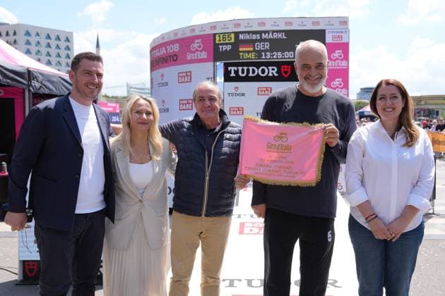 Edi Rama, Prime Minister of Albania, Mauro Vegni, Ogerta Manastirliu, albanian minister of education and sports, during the stage 2 of the Giro d™Italia from Tirana (Tirane) to Tirana (Tirane) Tudor ITT (Individual Time Trial) Albania - Saturday, May 10, 2025. - cycling.  Copyright: xGianxMattiaxD Alberto LaPressex