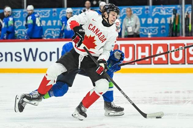 STOCKHOLM, SWEDEN 20250510 Canadas Kent Johnson in action during the IIHF Ice Hockey World Championship group A match between Slovenia and Canada at Avicii Arena in Stockholm, Sweden, on May 10, 2025 STOCKHOLM SWEDEN x10080x  Copyright: xFredrikxSandberg TTx ICE HOCKEY WC SLOVENIA-CANADA