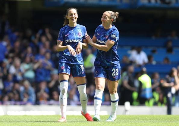 Nathalie Bjorn (Left) and Lucy Bronze (Right) of Chelsea laugh together during the match Chelsea v Liverpool, Football, Barclays Women s Super League, Stamford Bridge, London, UK - 10 05 25 EDITORIAL USE ONLY No use with unauthorised audio, video, data, fixture lists (outside the EU), club league logos or live services. Online in-match use limited to 45 images (+15 in extra time). No use to emulate moving images. No use in betting, games or  Copyright: xAnthonyxHanc Shutterstockx 15292910g
