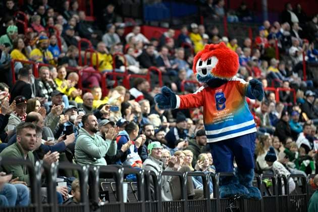 STOCKHOLM, SWEDEN 20250510 Beaty the official mascot of 2025 IIHF Ice Hockey World Championship during the IIHF Ice Hockey World Championship group A match between Slovenia and Canada at Avicii Arena in Stockholm, Sweden, on May 10, 2025 STOCKHOLM SWEDEN x10080x  Copyright: xFredrikxSandberg TTx ICE HOCKEY WC SLOVENIA-CANADA