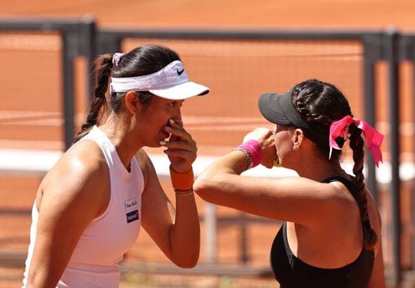 (250510) -- ROME, May 10, 2025 -- Chan Hao-Ching (L) and Giuliana Olmos react during the women s doubles round of 32 match between Wang Xinyu Zheng Saisai of China and Chan Hao-Ching of Chinese Taipei Giuliana Olmos of Mexico at the WTA, Tennis Damen Italian Open in Rome, Italy, May 10, 2025. ) (SP)ITALY-ROME-TENNIS-WTA-ITALIAN OPEN-WOMEN S DOUBLES LixJing 