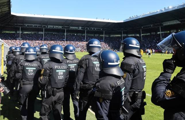 Mannheim, 10 05 2025, Carl Benz Stadion, Soccer, 3 Liga, 37 Matchday , SV Waldhof Mannheim vs SG Dynamo Dresden , Dresden cheers after the match Dynamo is promoted to the 2 Bundesliga , In the picture Dynamo fans celebrate police inside , For editorial use only Only editorial use , DFB DFL regulations prohibit any use of photographs as image sequences and or quasi video , Picture Point