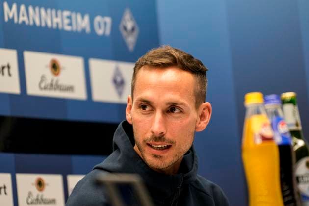 Dominik Glawogger coach, head coach, SVWM , single picture, single photo, at the press conference after the match, PK, press conference, press appointment, media appointment, joy, rejoice, rejoices, friendly, cheerful, happy, beaming, optimistic, 10 05 2025, Mannheim Germany , Football, 3 Liga, SV Waldhof Mannheim SG Dynamo Dresden, DFB DFL REGULATIONS PROHIBIT ANY USE OF PHOTOGRAPHS AS IMAGE SEQUENCES AND OR QUASI VIDEO xozx