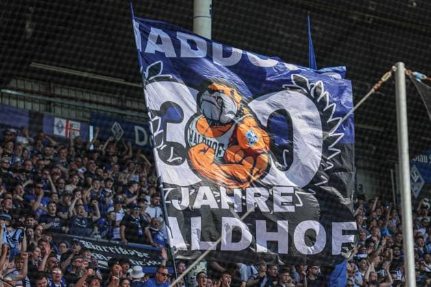 SV Waldhof Mannheim flag at SV Waldhof Mannheim SG Dynamo Dresden on 10 05 25 at Carl Benz Stadium, Mannheim xamx Photo Alfio Marino Copyright: