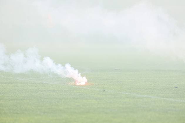 Pyrotechnics on the pitch at SV Waldhof Mannheim SG Dynamo Dresden on 10 05 25 at Carl Benz Stadium, Mannheim xamx Photo Alfio Marino Copyright: