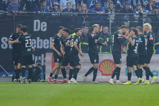 Soccer 2 Bundesliga 33 Matchday Hamburger SV SSV Ulm 1846 Soccer on 10 05 2025 at Volksparkstadion in Hamburg Goal celebration to 0 1 by Niclas Thiede Ulm DFL regulations prohibit any use of photographs as image sequences and or quasi video xJRx