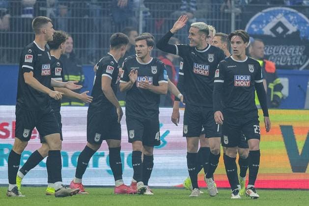 Soccer 2 Bundesliga 33 Matchday Hamburger SV SSV Ulm 1846 Soccer on 10 05 2025 at Volksparkstadion in Hamburg Goal celebration to 0 1 by Niclas Thiede Ulm DFL regulations prohibit any use of photographs as image sequences and or quasi video xJRx