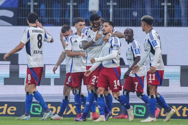 Soccer 2 Bundesliga 33 Matchday Hamburger SV SSV Ulm 1846 Soccer on 10 05 2025 at Volksparkstadion in Hamburg Goal celebration to 1 1 by Ludovit Reis Hamburg DFL regulations prohibit any use of photographs as image sequences and or quasi video xJRx
