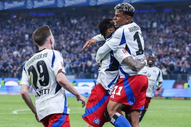 Soccer 2 Bundesliga 33 Matchday Hamburger SV SSV Ulm 1846 Soccer on 10 05 2025 at Volksparkstadion in Hamburg Goal celebration to 2 1 by Ransford Königsdörffer Hamburg DFL regulations prohibit any use of photographs as image sequences and or quasi video xJRx