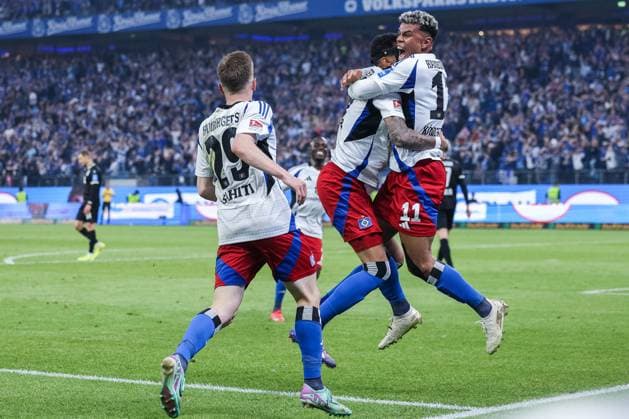 Soccer 2 Bundesliga 33 Matchday Hamburger SV SSV Ulm 1846 Soccer on 10 05 2025 at Volksparkstadion in Hamburg Goal celebration to 2 1 by Ransford Königsdörffer Hamburg DFL regulations prohibit any use of photographs as image sequences and or quasi video xJRx