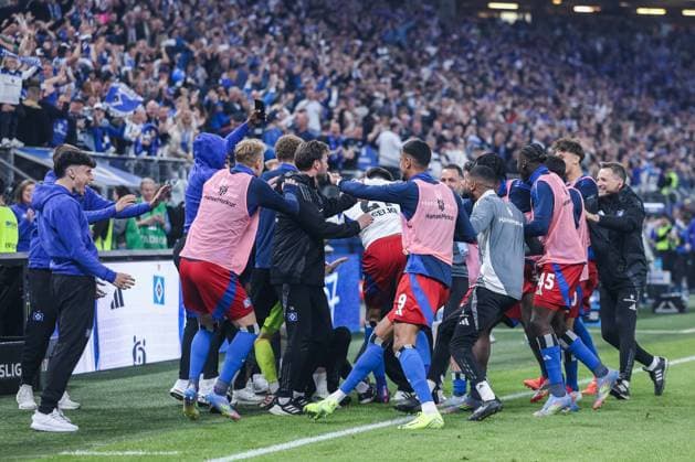 Soccer 2 Bundesliga 33 Matchday Hamburger SV SSV Ulm 1846 Soccer on 10 05 2025 at Volksparkstadion in Hamburg Goal celebration for 3 1 by Davie Selke Hamburg DFL regulations prohibit any use of photographs as image sequences and or quasi video xJRx