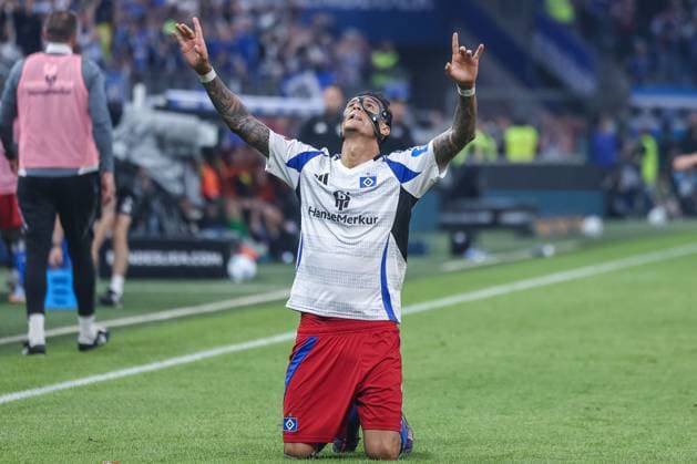 Soccer 2 Bundesliga 33 Matchday Hamburger SV SSV Ulm 1846 Soccer on 10 05 2025 at Volksparkstadion in Hamburg Goal celebration for 3 1 by Davie Selke Hamburg DFL regulations prohibit any use of photographs as image sequences and or quasi video xJRx