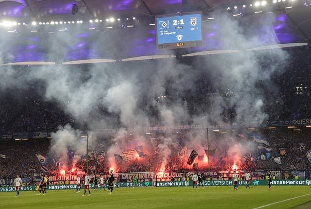 Cheering with pyro after the 2 1 Football, Men, Season 2024 2025, 2 BL, Volksparkstadion, Hamburger SV, 33 Matchday, HSV SSV Ulm DFL REGULATIONS PROHIBIT ANY USE OF PHOTOGRAPHS AS IMAGE SEQUENCES AND OR QUASI VIDEO