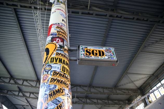 10 05 2025, xrekx, Fußball 3 Liga, SV Waldhof Mannheim Dynamo Dresden v l Gaestebereich, Aufkleber, Sticker DFL DFB REGULATIONS PROHIBIT ANY USE OF PHOTOGRAPHS as IMAGE SEQUENCES and or QUASI VIDEO Mannheim