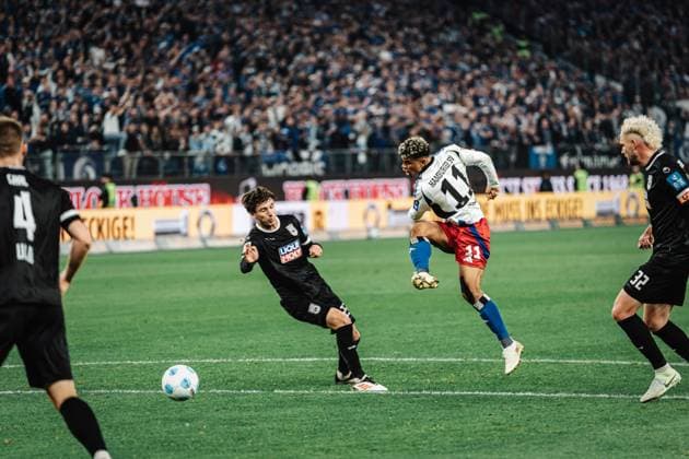 Soccer Men Season 2024 2025 2 Soccer Bundesliga 33 Matchday Hamburger SV vs SSV Ulm 1846 10 05 2025 Ransford Königsdörffer 11, HSV scores the 5 1 goal Hamburg Volksparkstadion Hamburg Germany