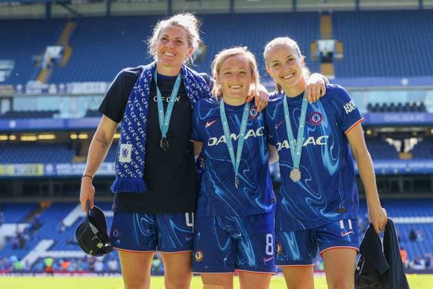Millie Bright (Left), Erin Cuthbert (Center) and Guro Reiten (Right) of Chelsea pictured together Chelsea v Liverpool, Football, Barclays Women s Super League, Stamford Bridge, London, UK - 10 05 25 EDITORIAL USE ONLY No use with unauthorised audio, video, data, fixture lists (outside the EU), club league logos or live services. Online in-match use limited to 45 images (+15 in extra time). No use to emulate moving images. No use in betting, games or  Copyright: xAnthonyxHanc Shutterstockx 15292910fp