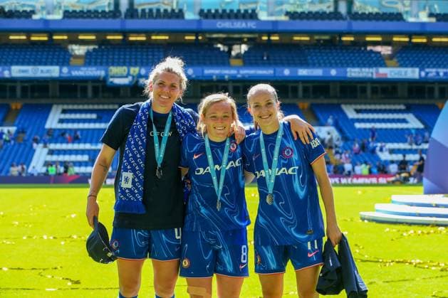 10th May 2025; Stamford Bridge, London, England; Womens Super League Football, Chelsea versus Liverpool; Millie Bright, Erin Cuthbert and Guro Reiten of Chelsea after the match  ActionPlus12786217 KatiexChan