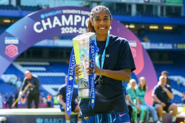 10th May 2025; Stamford Bridge, London, England; Womens Super League Football, Chelsea versus Liverpool; Naomi Girma of Chelsea posing with the Super League winners trophy  ActionPlus12786229 KatiexChan