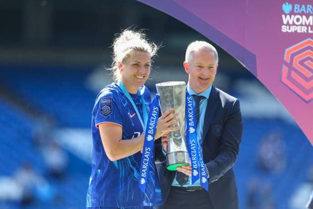 10th May 2025; Stamford Bridge, London, England; Womens Super League Football, Chelsea versus Liverpool; Millie Bright of Chelsea posing with the Womens Super League winners trophy  ActionPlus12786241 KatiexChan
