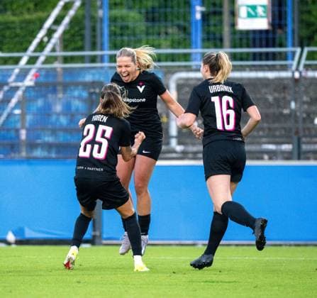 Soccer, Women, Season 2024 2025, Regionalliga Nordost 19 Matchday , Hertha BSC FC Viktoria 89 Berlin, f l Aylin Yaren FC Viktoria 1889 Berlin , Nina Ehegötz FC Viktoria 1889 Berlin , Kim Urbanek FC Viktoria 1889 Berlin , Celebration after goal to 0 2, 10 05 2025, Copyright: xMatthiasxKochx