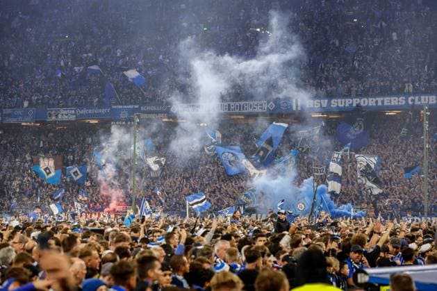HSV promoted to Bundesliga 1 HSV celebrate with pyro flags Germany , Hamburg , Volksparkstadion , Football , Bundesliga 2 , Hamburger SV SSV Ulm